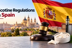 Nicotine regulations in Spain 2026 with Spanish flag and nicotine products