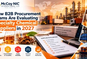 Specialty chemical supplier evaluation for B2B procurement teams in 2027, featuring quality, documentation, traceability, supply reliability, technical support, and global chemical supply chains.
