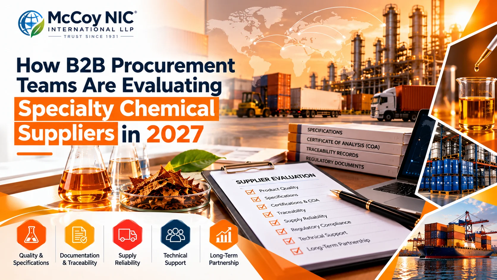 Specialty chemical supplier evaluation for B2B procurement teams in 2027, featuring quality, documentation, traceability, supply reliability, technical support, and global chemical supply chains.