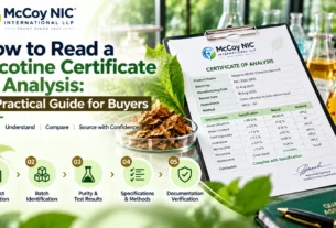 Nicotine Certificate of Analysis guide showing product information, batch identification, purity and test results, specifications, analytical methods, and documentation verification.