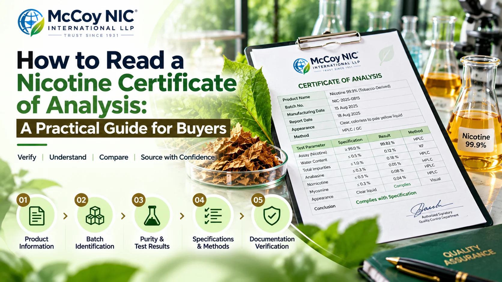 Nicotine Certificate of Analysis guide showing product information, batch identification, purity and test results, specifications, analytical methods, and documentation verification.