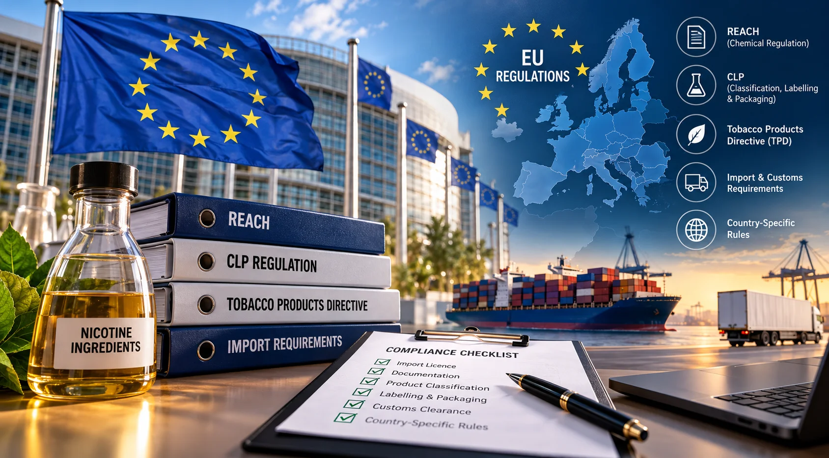 Nicotine regulations in Europe covering EU REACH, CLP, tobacco product rules and import requirements