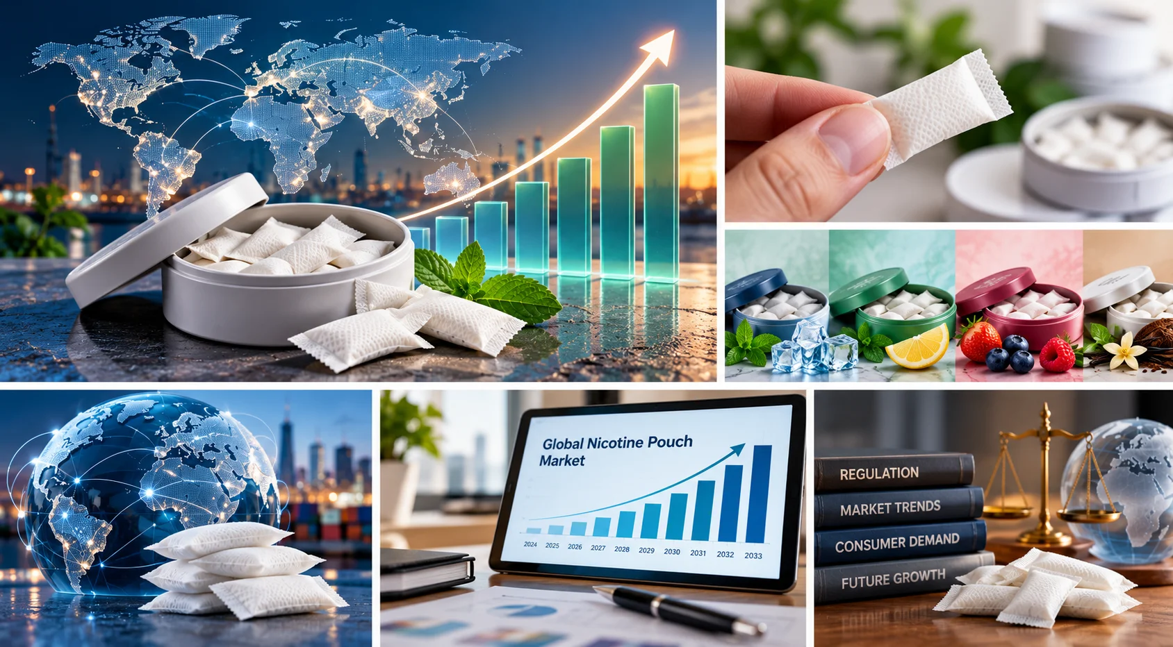 Global nicotine pouch market growth with nicotine pouches, international market trends, product innovation, consumer demand and regulatory developments.