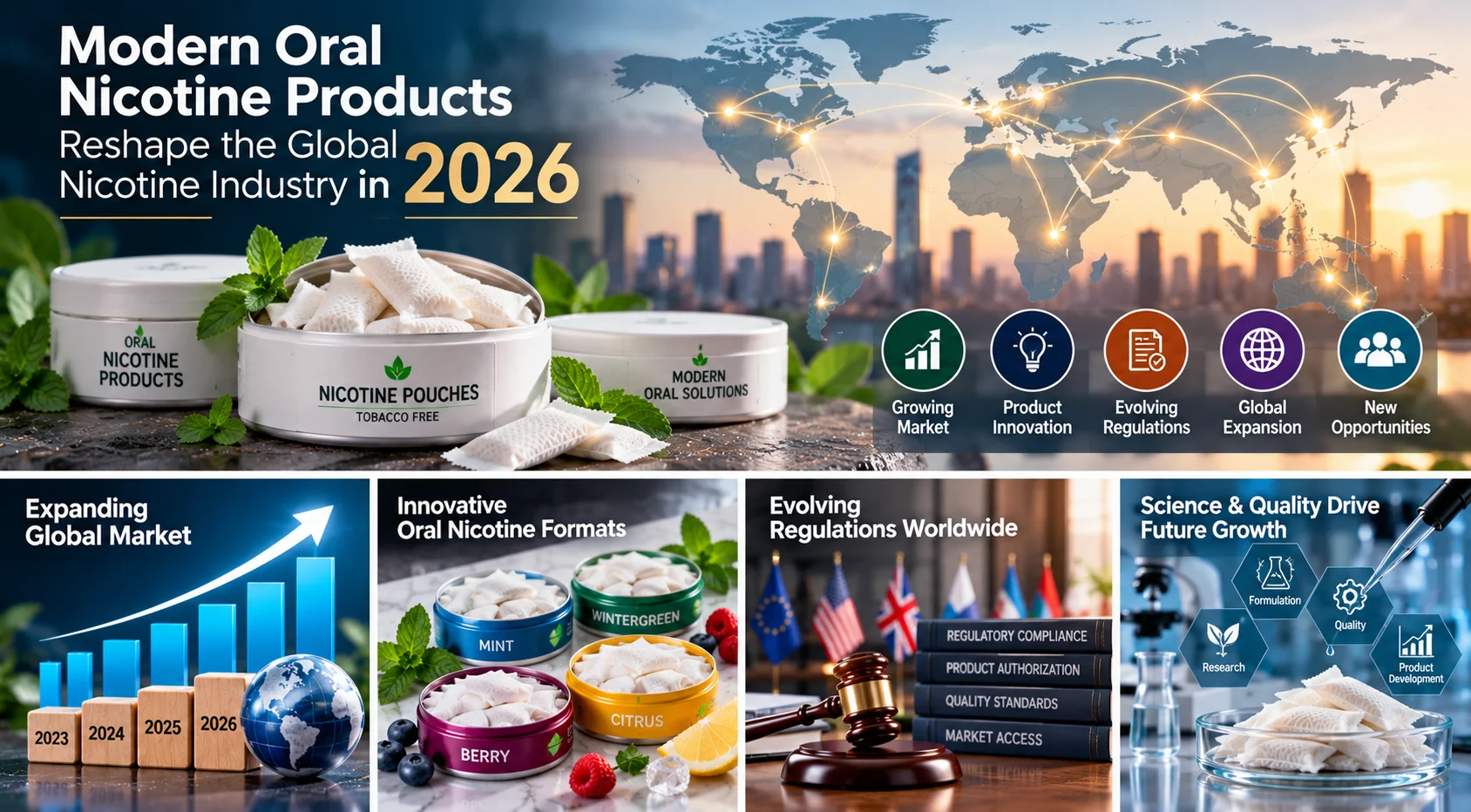 Modern oral nicotine products reshaping the global nicotine industry in 2026, featuring nicotine pouches, market growth, product innovation, evolving regulations and global expansion.