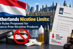 Netherlands nicotine limits proposed for tobacco-free nicotine products, featuring Dutch and EU flags, nicotine pouches, vaping products, and regulatory documents.