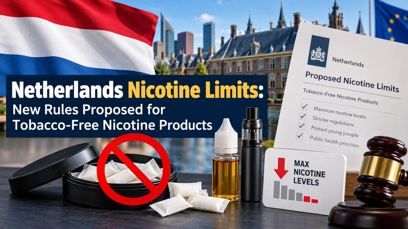 Netherlands nicotine limits proposed for tobacco-free nicotine products, featuring Dutch and EU flags, nicotine pouches, vaping products, and regulatory documents.