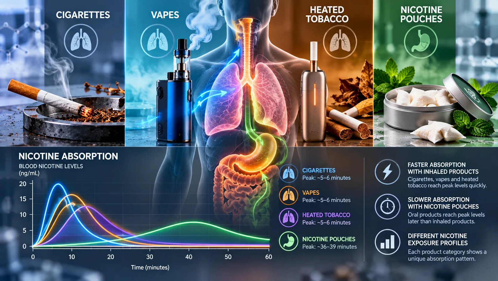 Nicotine absorption cigarettes vapes heated tobacco nicotine pouches clinical study comparison
