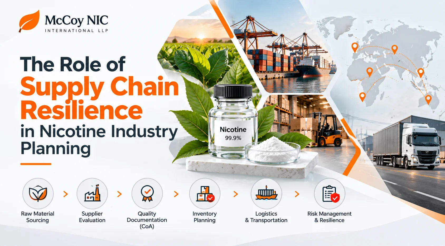 Nicotine supply chain resilience with sourcing, quality control, inventory planning and global logistics.