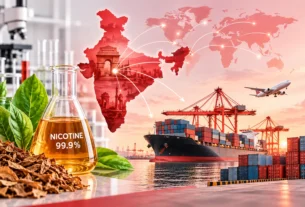High-purity nicotine from India with tobacco leaves, laboratory flask, India map and global export shipping network