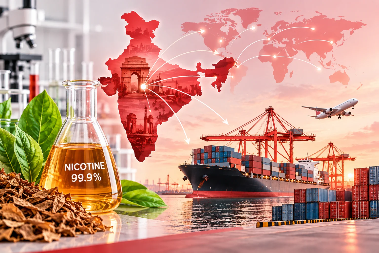 High-purity nicotine from India with tobacco leaves, laboratory flask, India map and global export shipping network