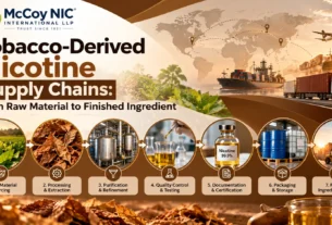 Tobacco-derived nicotine supply chain from raw material sourcing and extraction to purification, quality testing, documentation, packaging, storage and finished ingredient supply.