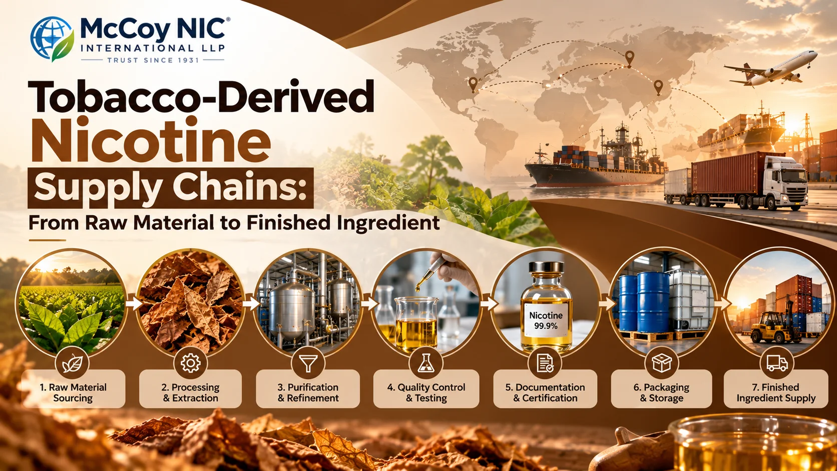 Tobacco-derived nicotine supply chain from raw material sourcing and extraction to purification, quality testing, documentation, packaging, storage and finished ingredient supply.